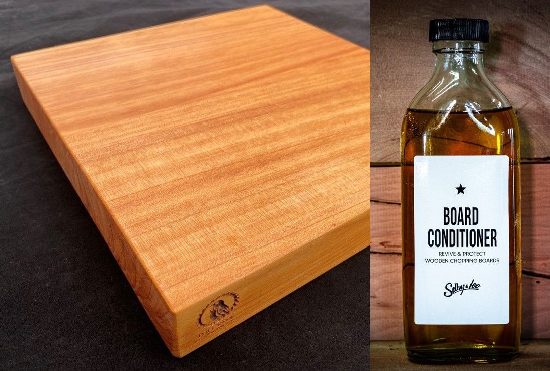 MACROCARPA CHOPPING BOARD: Small clear + Board Conditioner