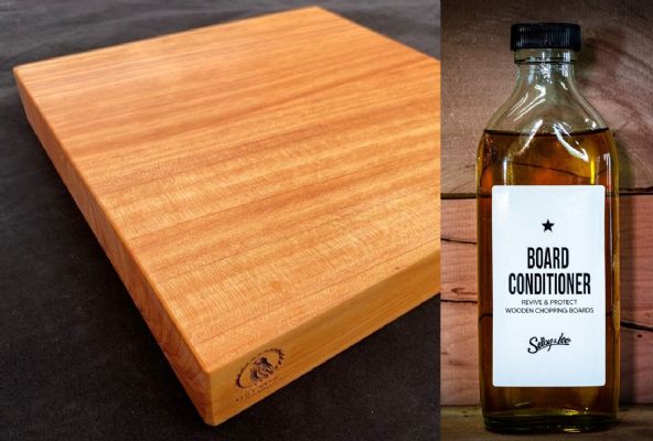 MACROCARPA CHOPPING BOARD: Small clear + Board Conditioner
